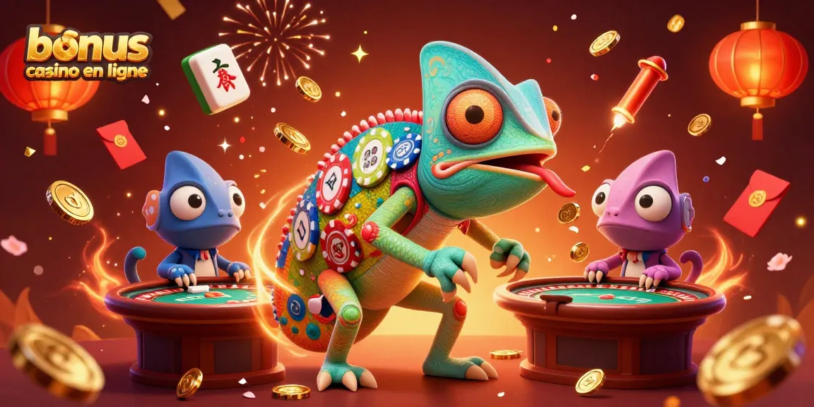 Jouer à bonus casino en ligne avec un propriétaire caméléon de casino vivant une fête vibrante.