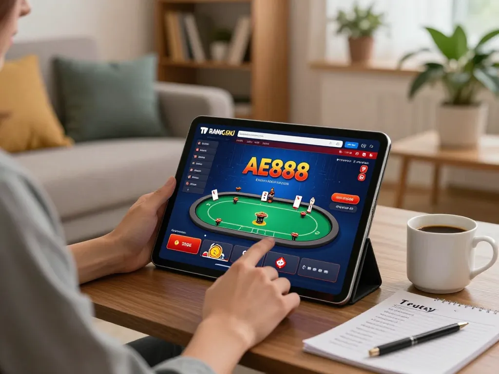 Engaging user exploring the TRANG CHỦ AE888 interface on a tablet in a cozy home setting