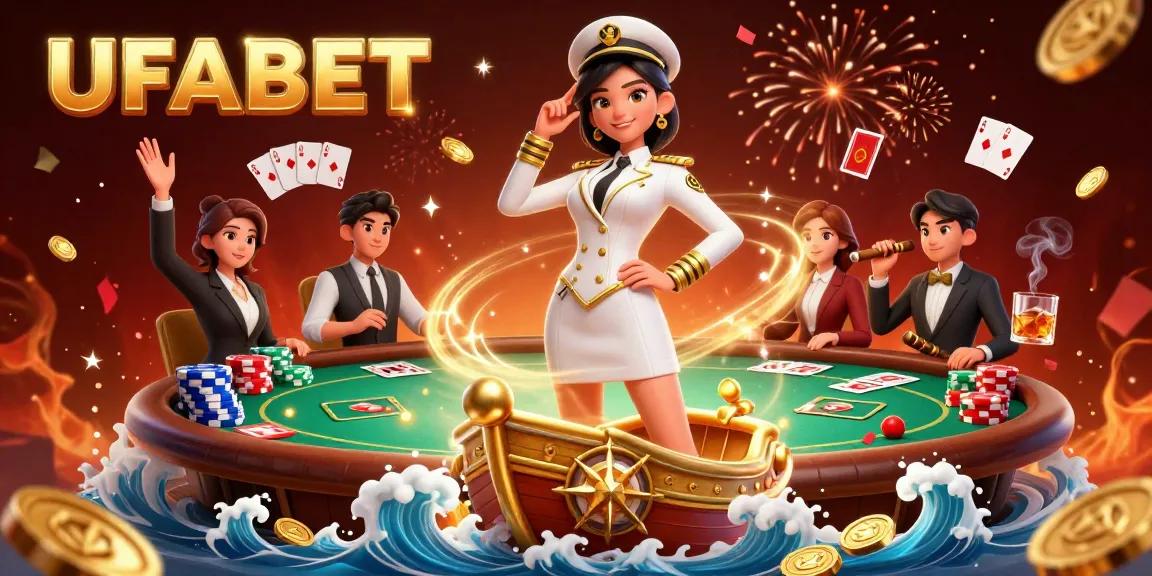Play poker with UFABET in a vibrant casino scene featuring layered elements and bold visuals.