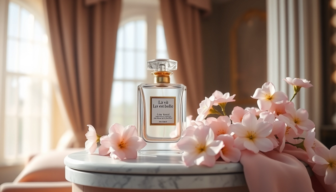 La vi est belle luxury perfume bottle elegantly displayed on marble with flowers.