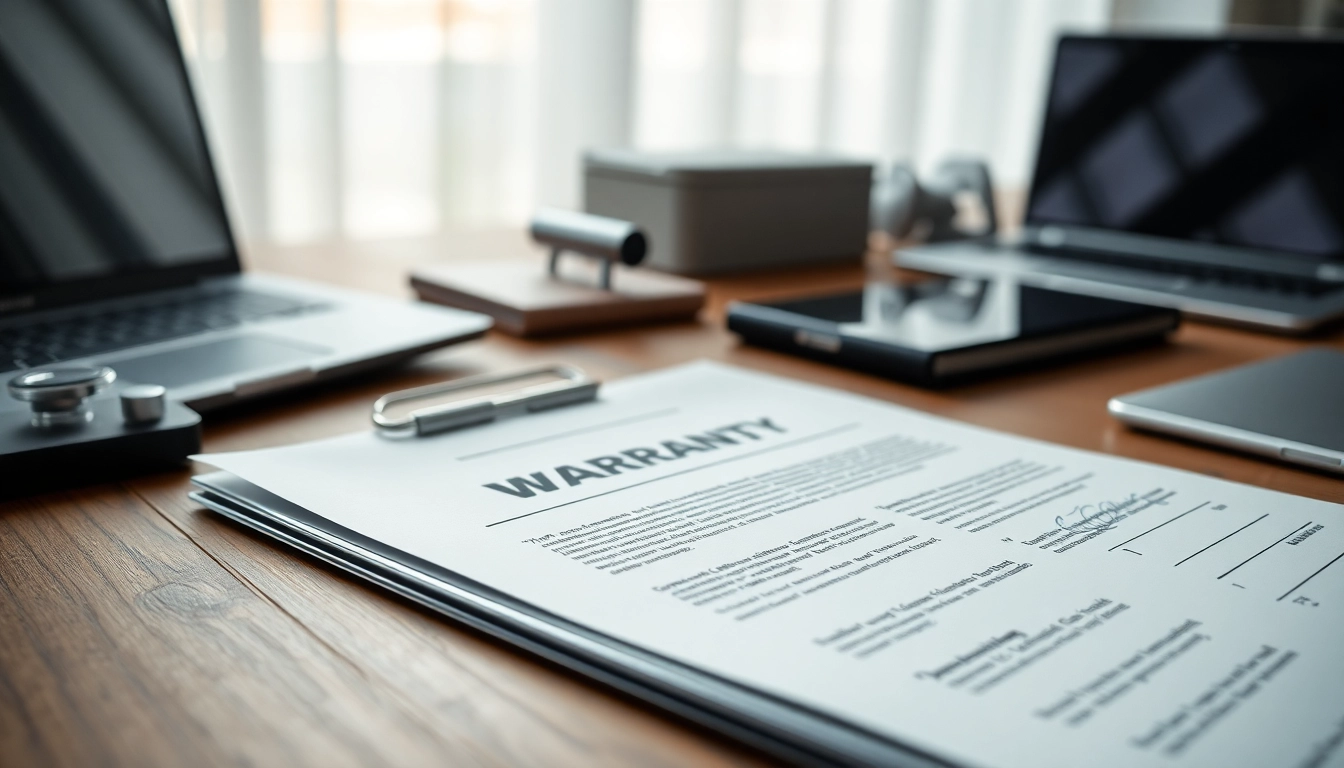 Warranty company for customers and repair providers displaying document on a desk with gadgets.