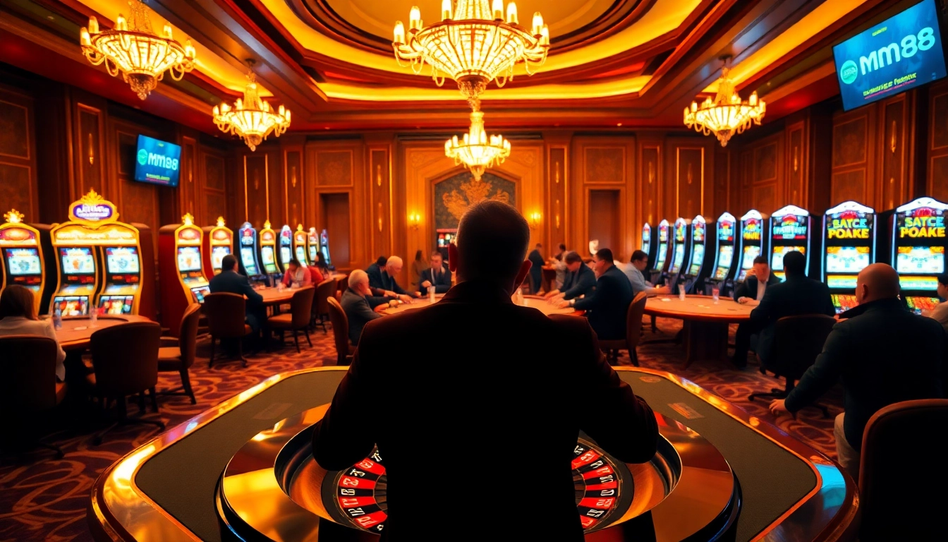 Players enjoy a thrilling game at MM88's luxurious casino with roulette and slot machines.