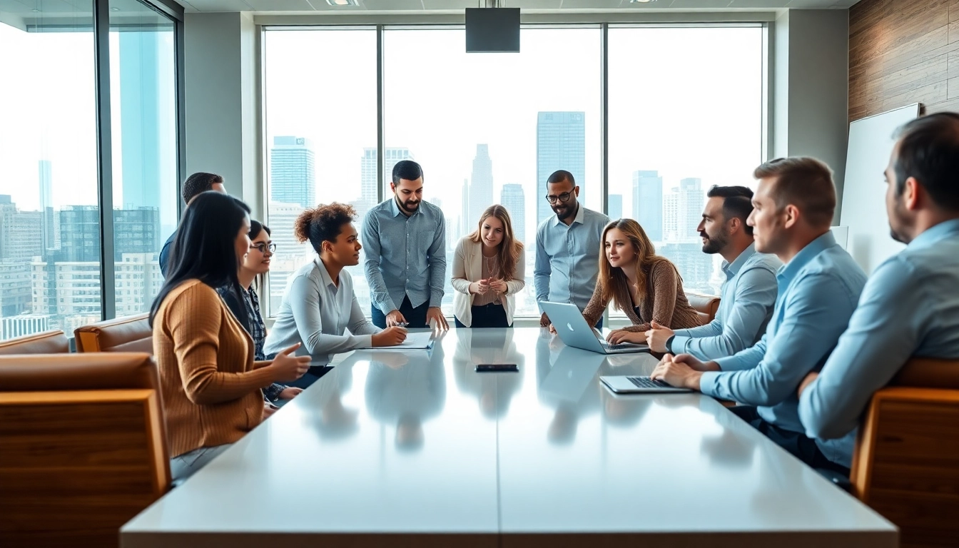 Engaged team discussing strategies in an extended warranty company setting.