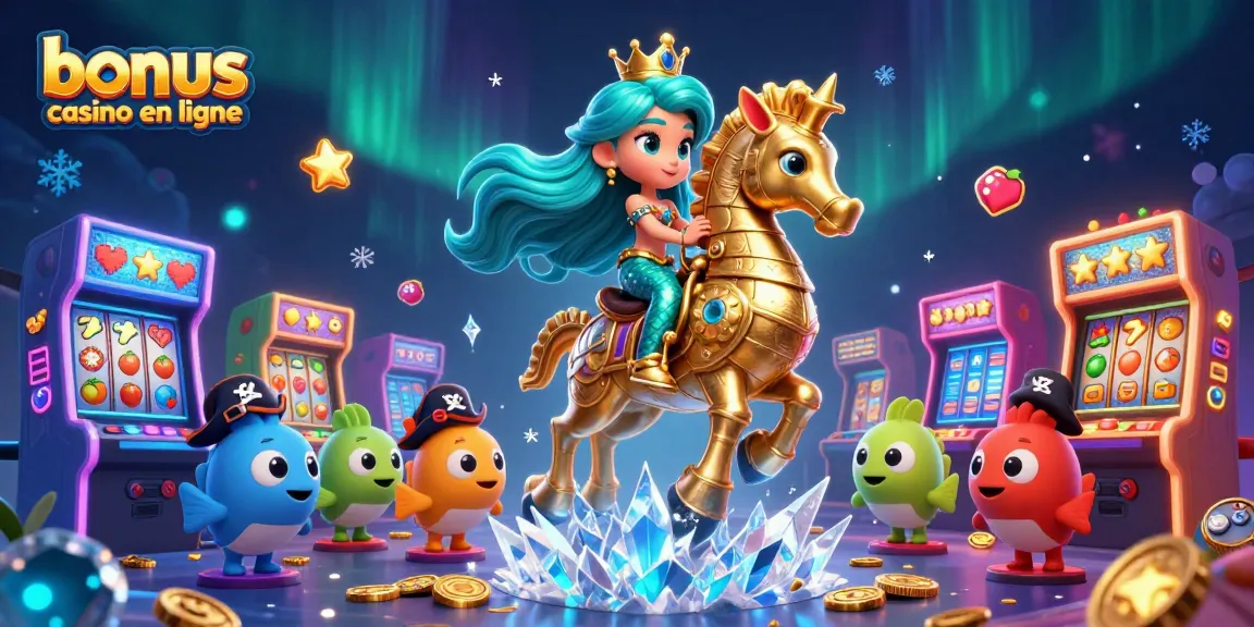 Illustration colorée de bonus casino en ligne avec une princesse sirène et un hippocampe.