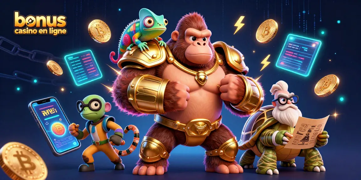 Visualiser le bonus casino en ligne avec le roi gorille et la tortue sage dans un décor vibrant