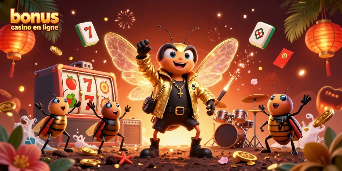 Visualisez le bonus casino en ligne avec une illustration captivante d'une cigale rock star et des éléments de jeu vibrants.