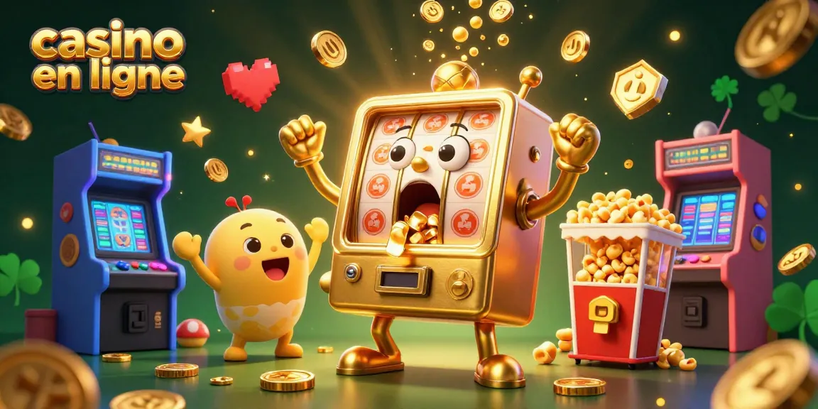 Le casino en ligne propose une illustration d'une machine à sous dorée qui remporte le jackpot, avec des enfants machines à sous qui célèbrent.
