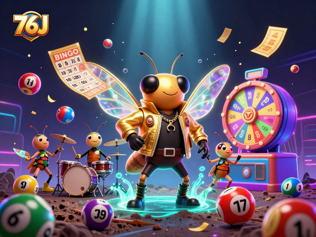 Participe da sorte com 76J, cartazes de prêmios e bolas de loteria coloridas vibrando em uma cena animada.