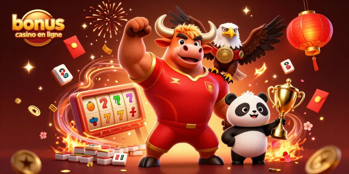 Profitez du bonus casino en ligne avec une illustration dynamique de mascottes de casino et des éléments de jeu.