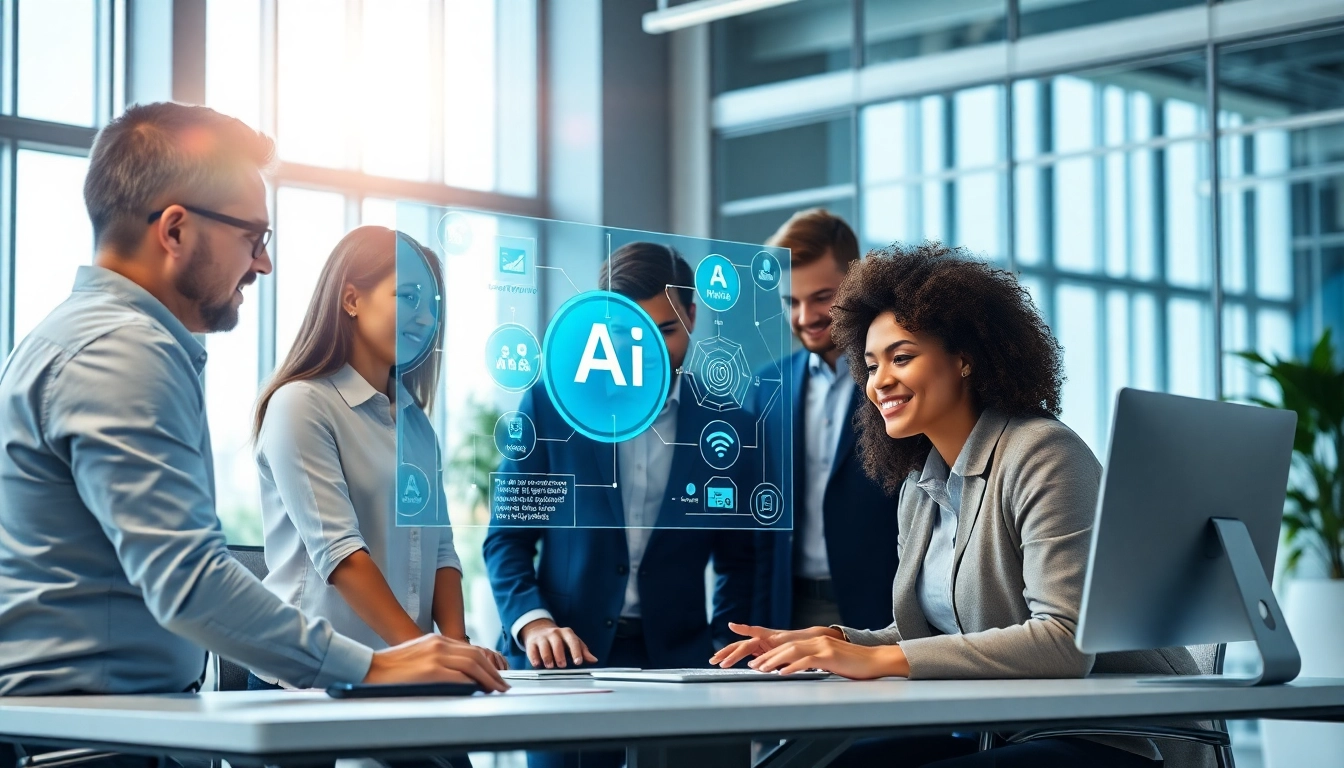 Engaging scene of professionals using enterprise assistant technology in a modern office.