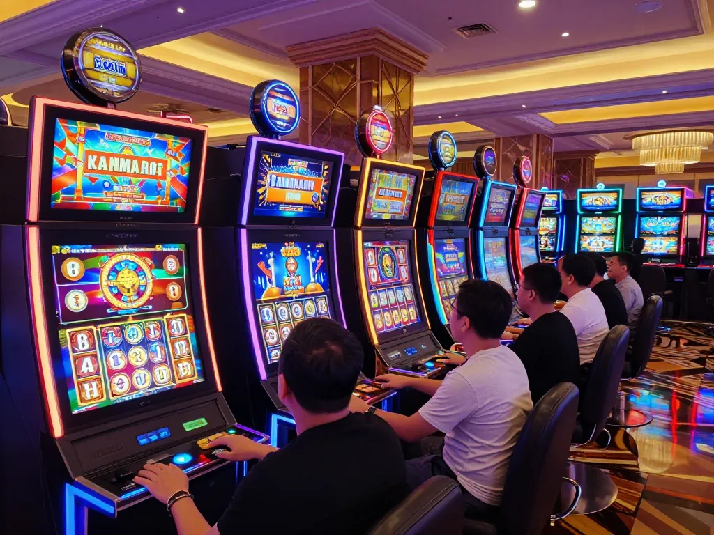 Players enjoying thrilling moments at situs slot gacor slot machines with vibrant lights and sounds