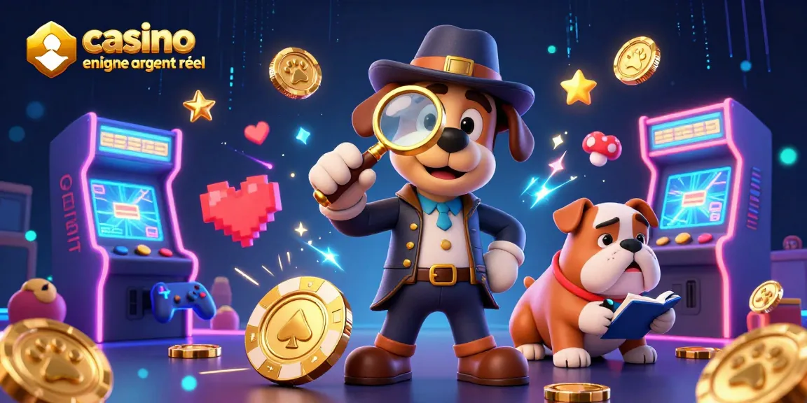 Jeu captivant au casino en ligne argent réel illustrant un détective cartoon et ses indices dorés.
