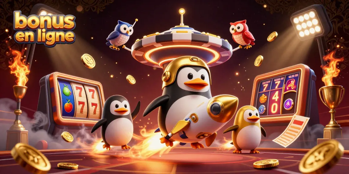 Gagnez avec bonus casino en ligne au milieu d'une scène 3D captivante d'un pingouin en or.