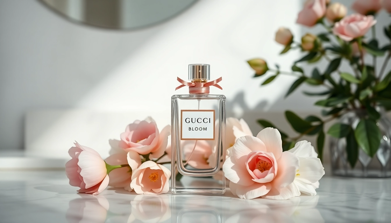 Captivating view of gucci bloom perfume bottle amidst fresh flowers.