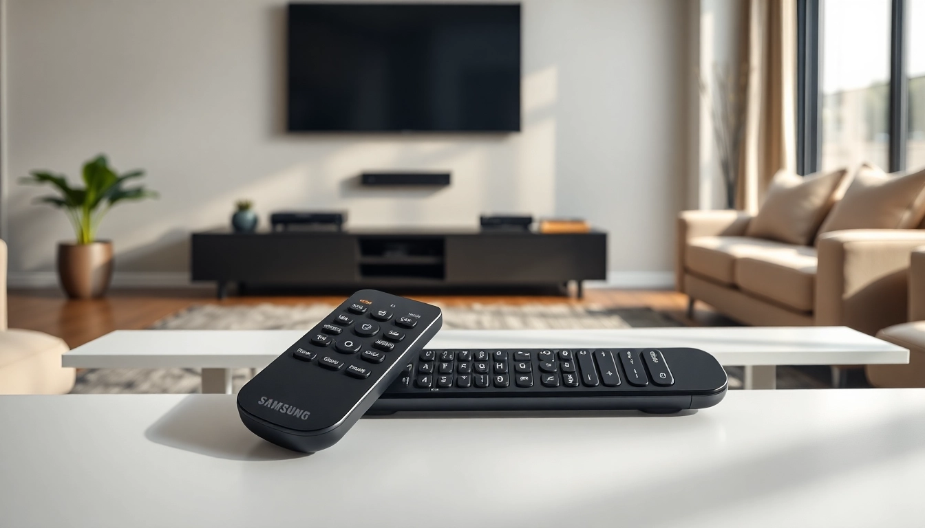 Bediene die Samsung BN59-01303A Fernbedienung in modernem Wohnzimmer mit Fernseher.