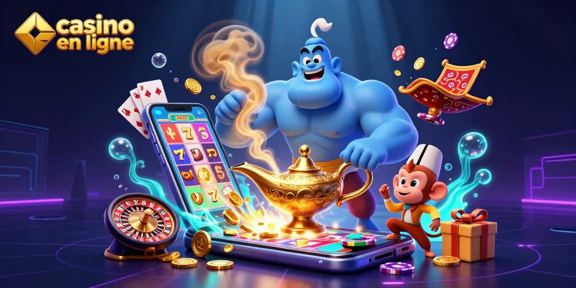 Illustration dynamique de casino en ligne avec un génie, un singe et des éléments de jeu.