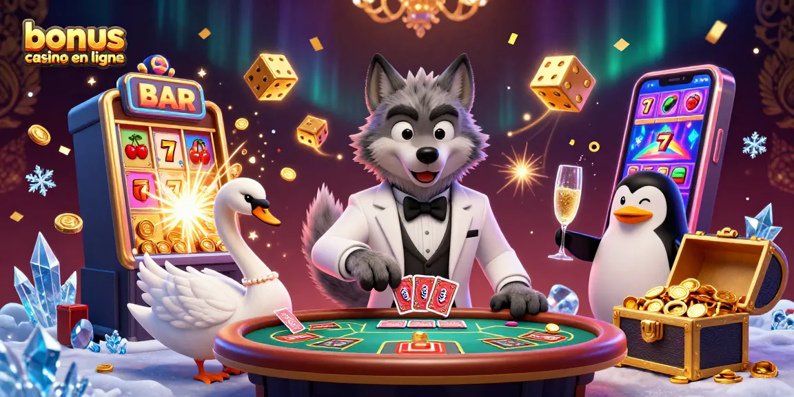 Bonus casino en ligne : Découvrez une scène vibrante d'animaux jouant aux jeux de hasard, avec des pièces d'or éparpillées.