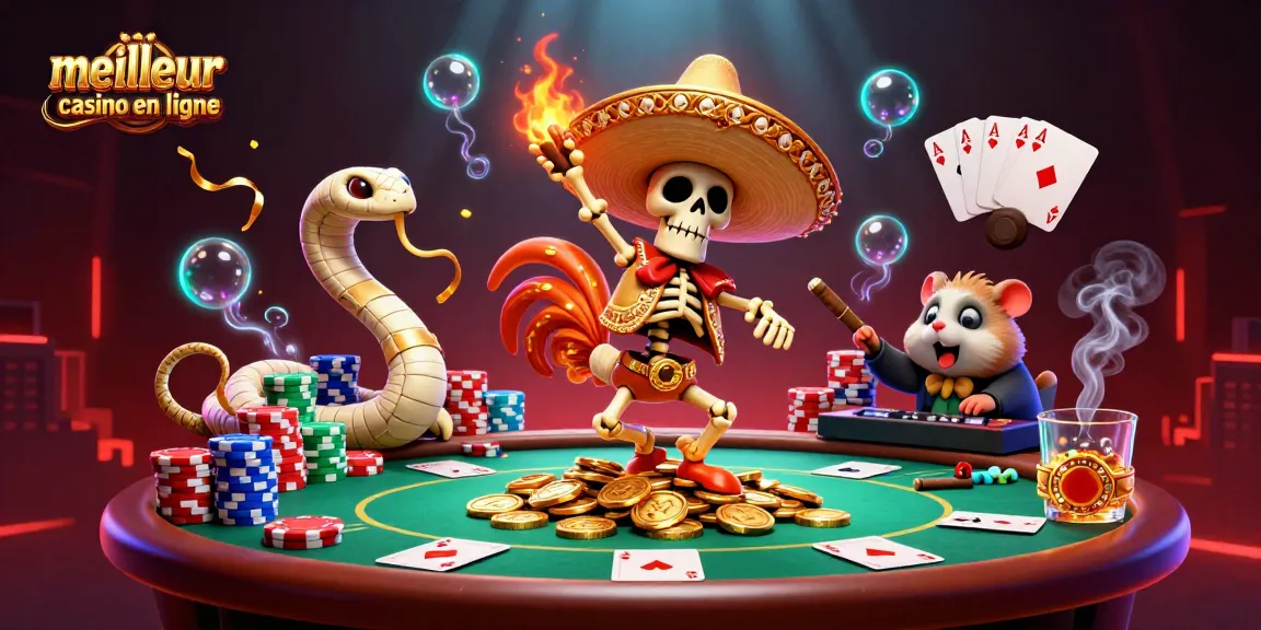 Mélangez le meilleur casino en ligne avec des personnages divertissants dans une scène dynamique pleine d'énergie.