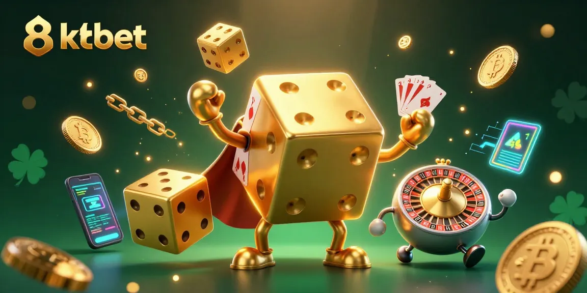 Play and win at 8kbet with a thrilling 3D illustration of a golden dice golem and crypto elements.