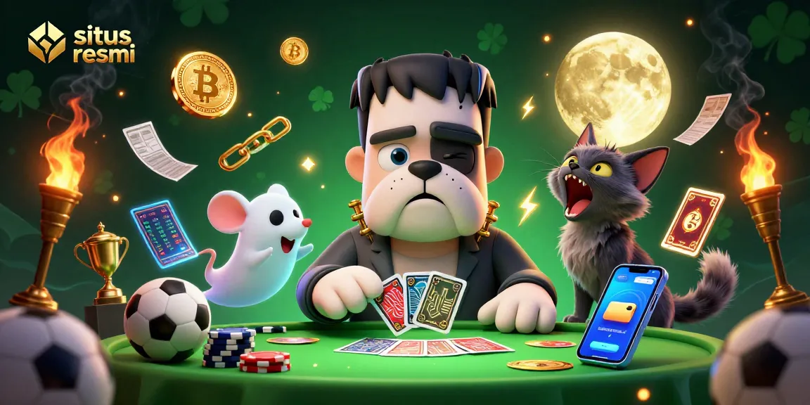 Experience situs resmi sports betting with lively characters and dynamic casino elements in this engaging illustration.