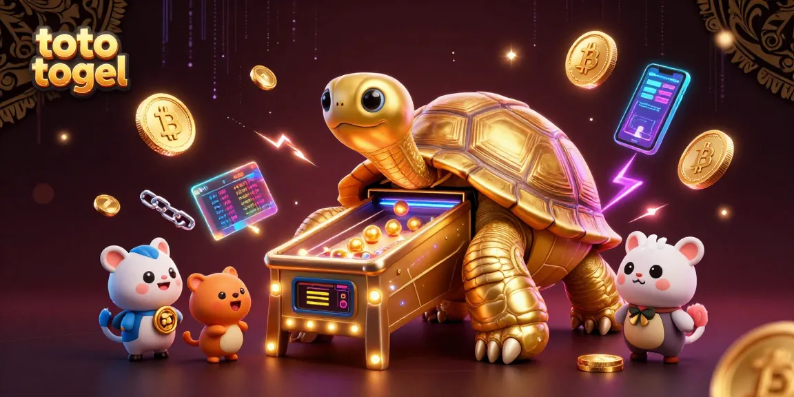 Toto togel enthusiasts enjoy an exciting session with a colossal pinball machine tortoise, winning crypto prizes.