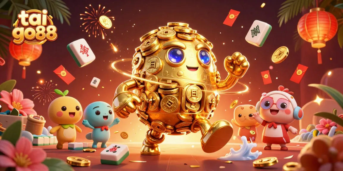 Engage with tai go88’s vibrant casino experience featuring a stunning golden golem amidst festive elements.