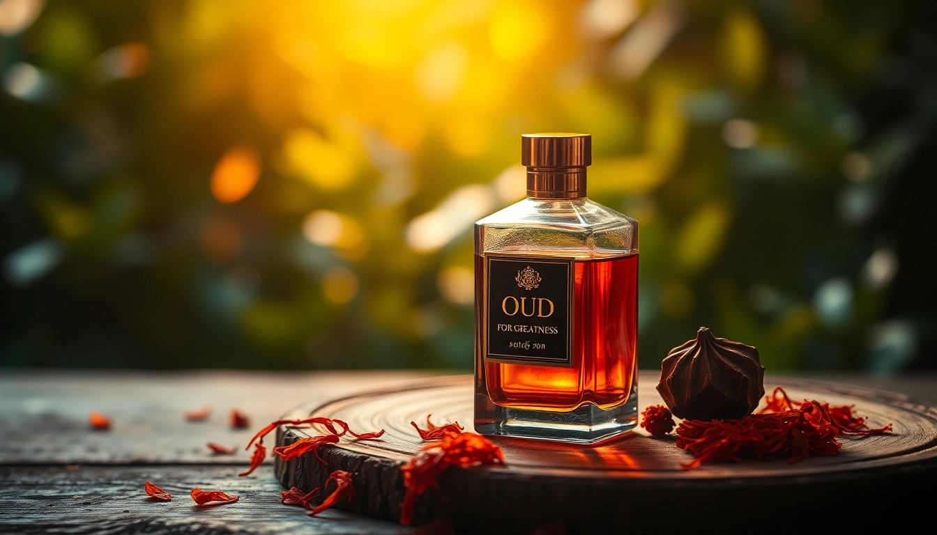 Explore fragrances of Oud for greatness with an elegant bottle reflecting luxury and richness.