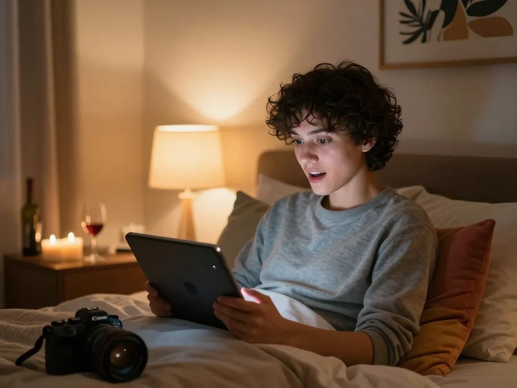 Engaging with an nsfw ai chat in a cozy bedroom atmosphere with soft lighting and personal touches.