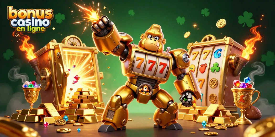 Profitez de bonus casino en ligne avec une illustration dynamique de machines à sous et trésors.