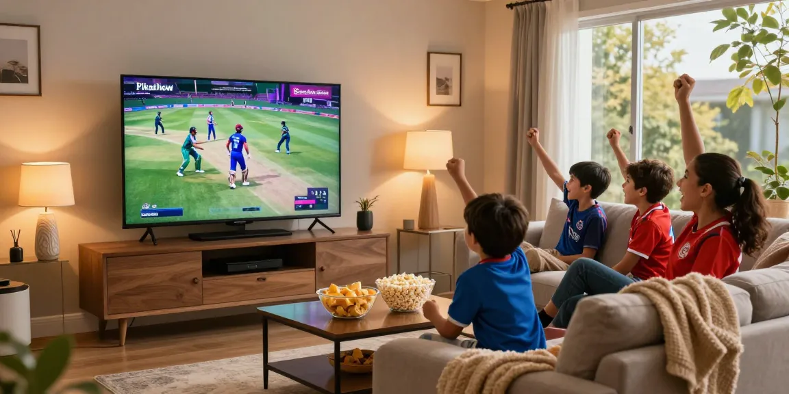 Pikashow live cricket viewing at home with family enjoying snacks and excitement.