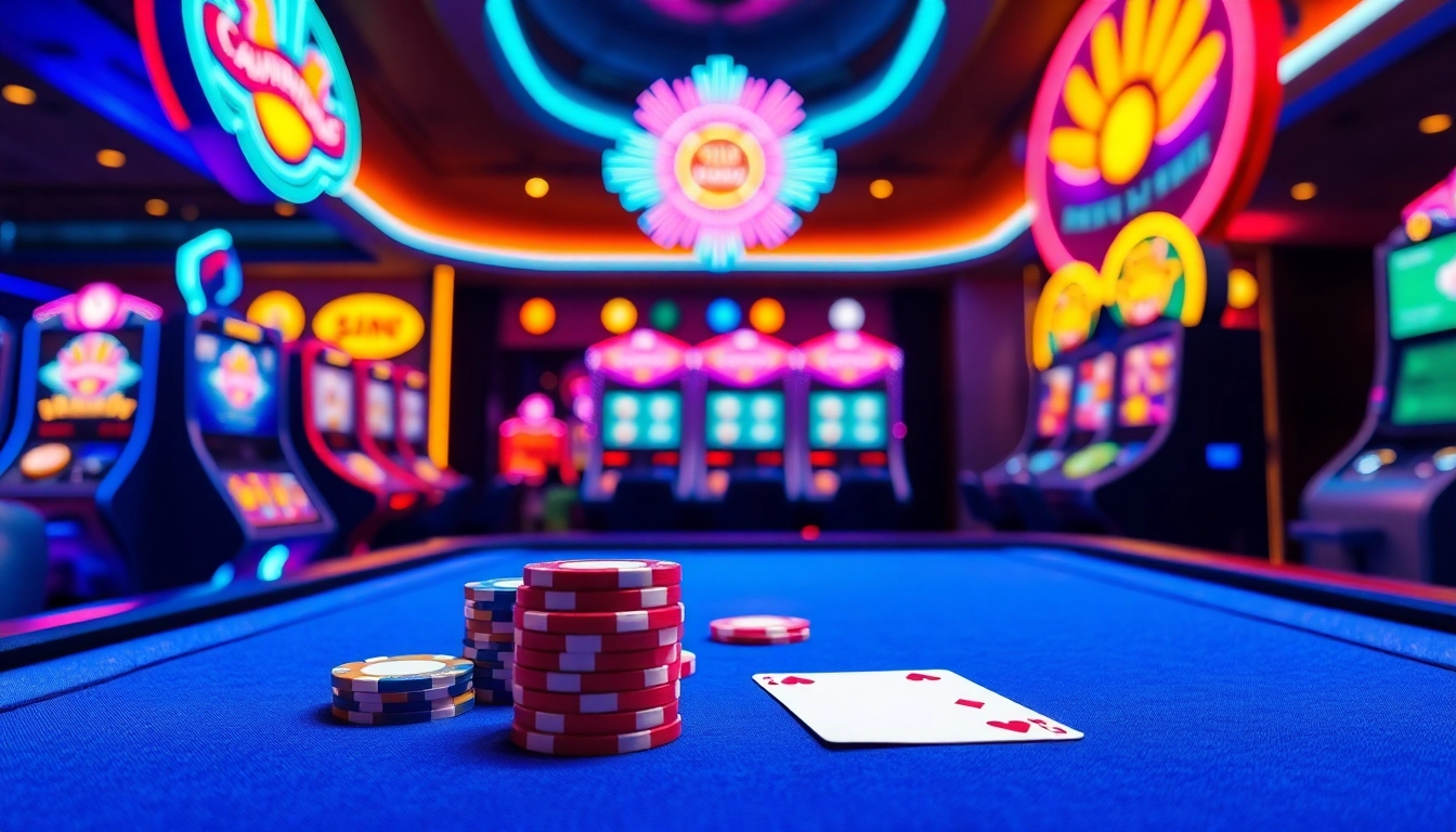 Engaging atmosphere of Vegas hero online casino showcasing vibrant gaming table and neon lights.