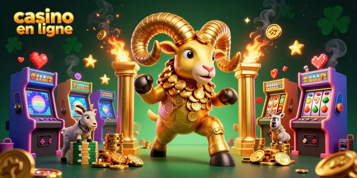 Illustration colorée pour casino en ligne avec un bélier doré et des machines à sous