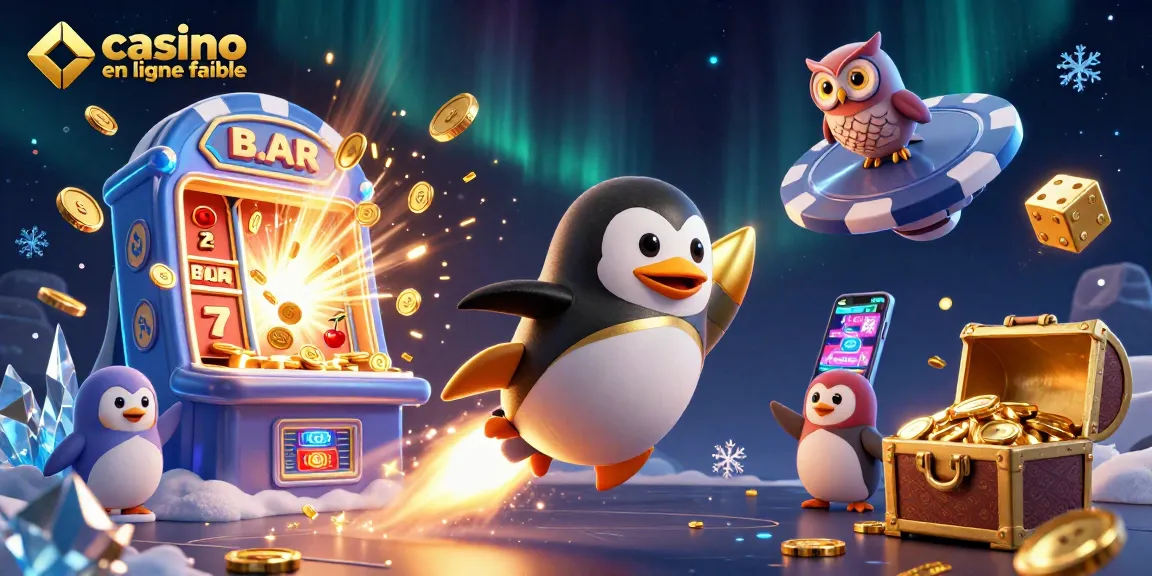 Une explosion de joie au casino en ligne fiable avec un pingouin doré propulsé par fusée, symboles de chance, et un espace aux éléments ludiques.