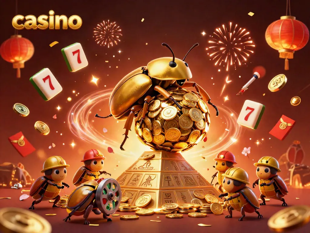 Engaging casino scene featuring a golden dung beetle rolling a coin ball with celebratory elements
