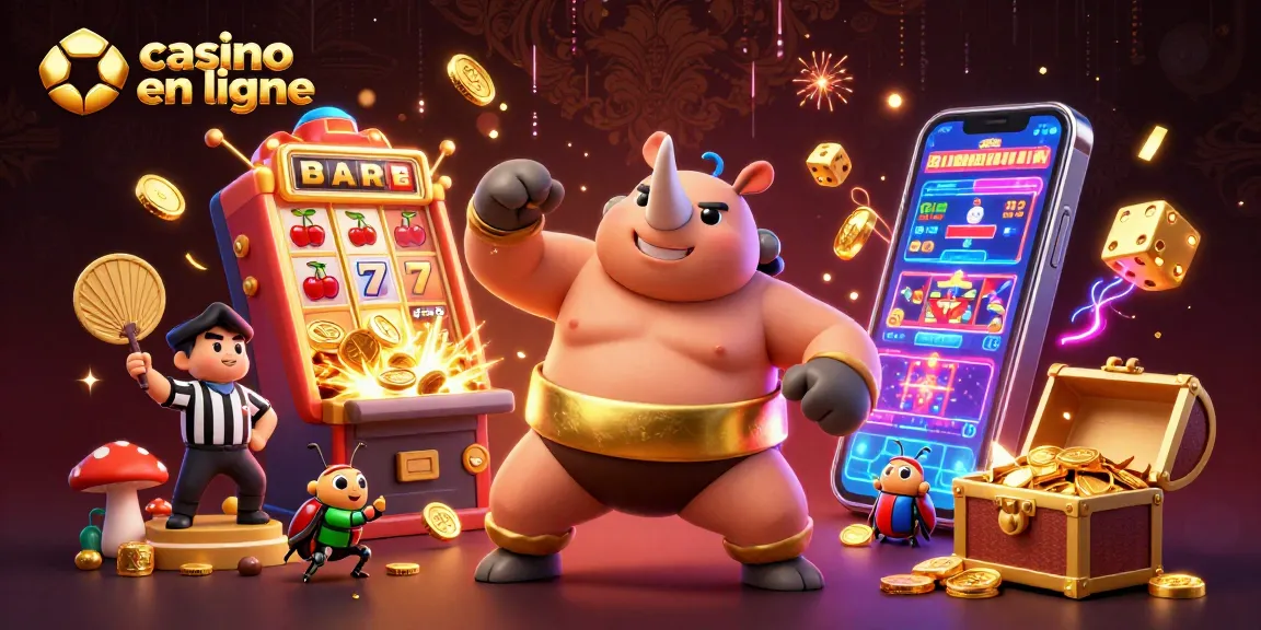Action excitante avec le casino en ligne illustrée par un champion insecte et un jackpot de pièces volantes.