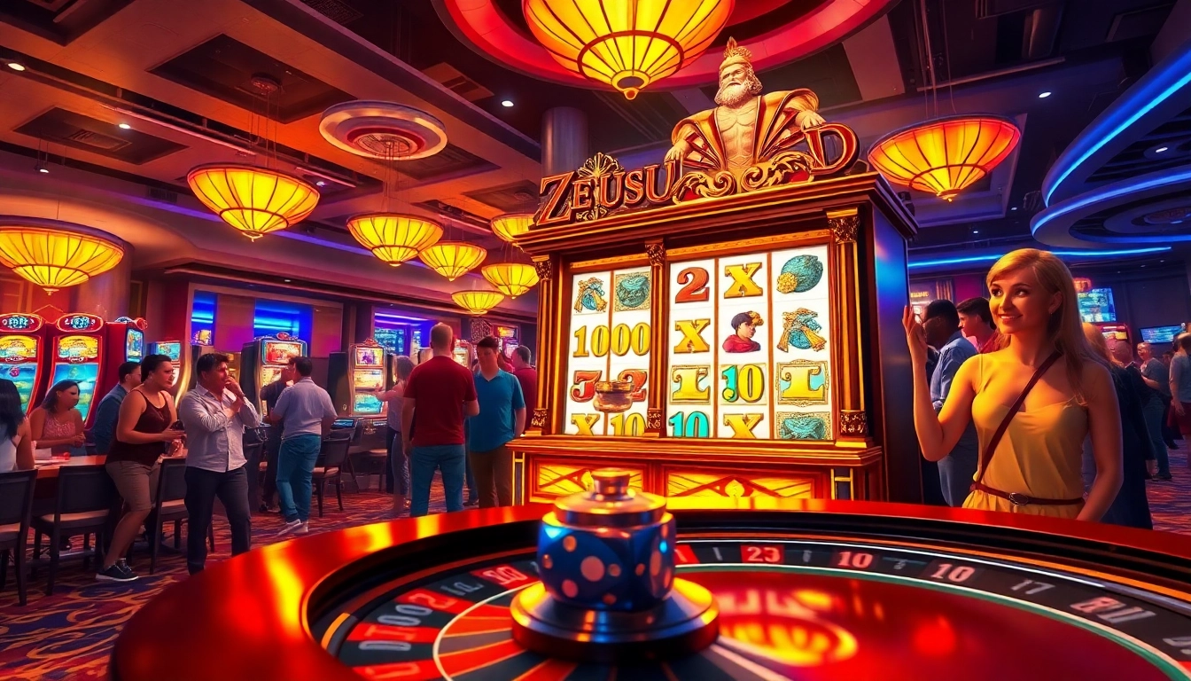 Pemain menikmati mesin Slot Zeus di lantai kasino yang ramai dengan suasana penuh semangat.