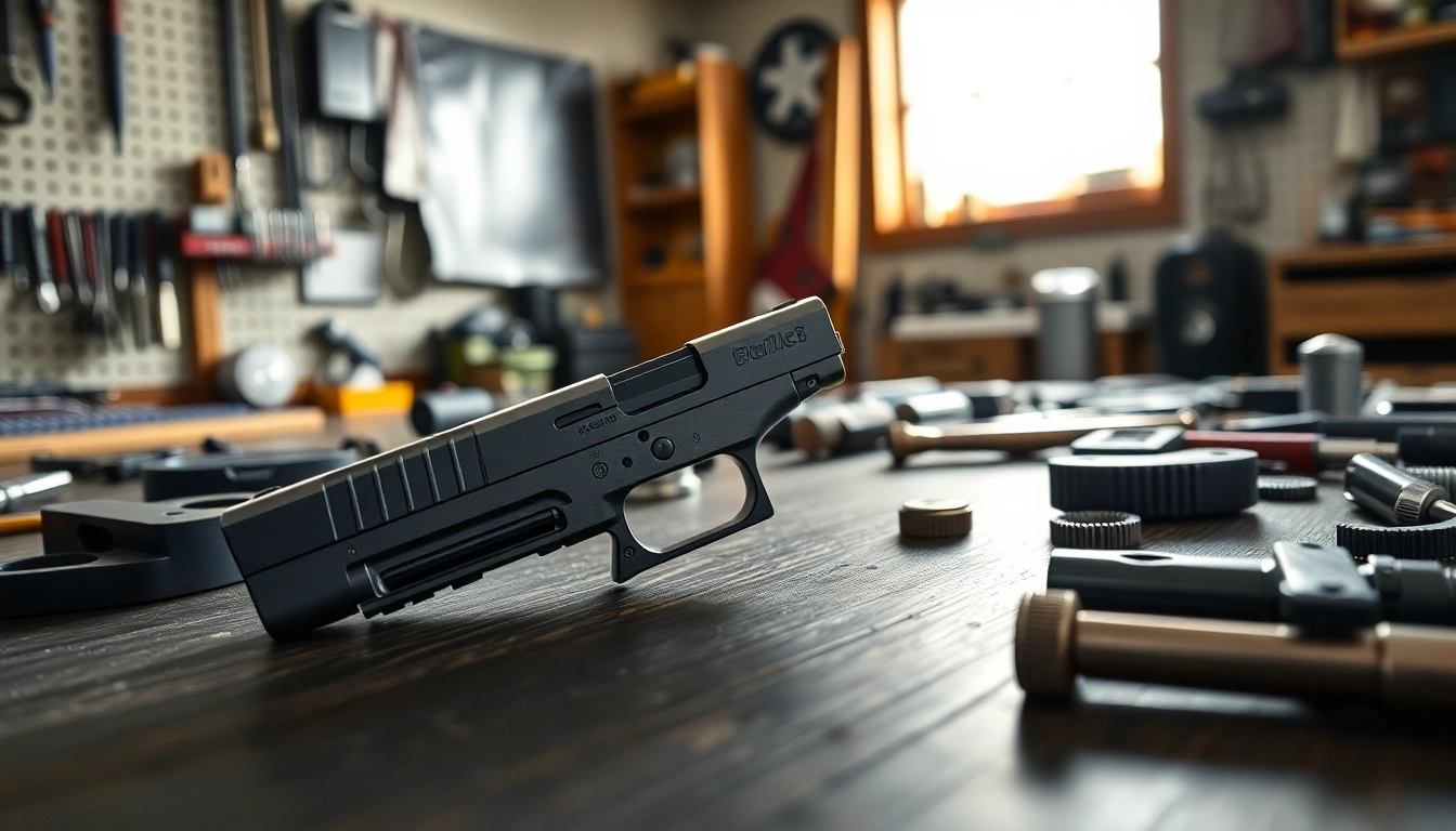 Showcasing a glock 19 slide atop a workbench, highlighting its details.