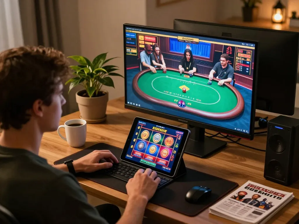 Engaging in online gambling on TRANG CHỦ CM88 with vibrant visuals and cozy home setup