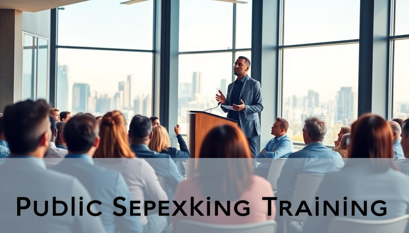 Engaging Public Speaking Training session showcasing a confident speaker captivating the audience.