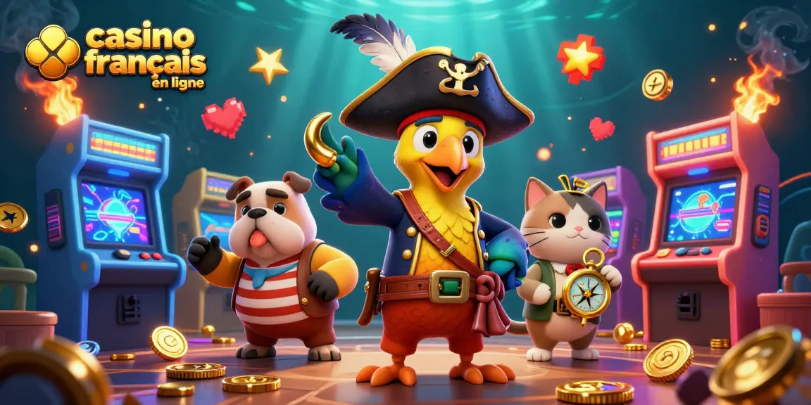 Jouez au casino français en ligne avec des personnages de pirate animés entourés de jeux d'arcade colorés.