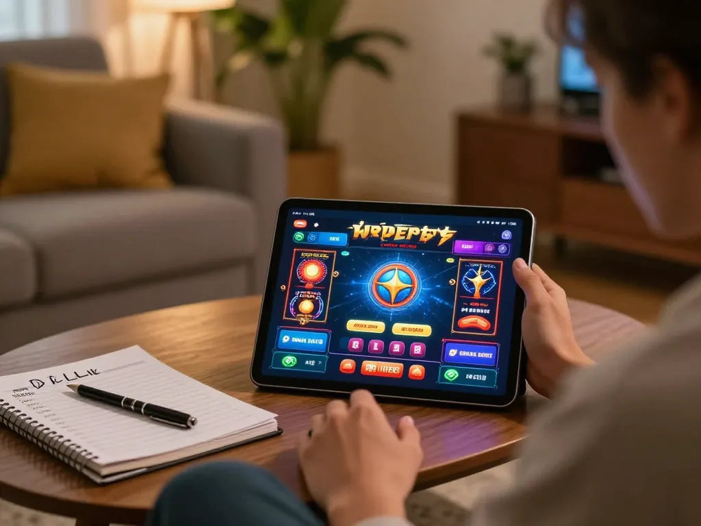 Migliori casino online stranieri showcased in a cozy home gaming setup, person engaging with a tablet displaying casino app.