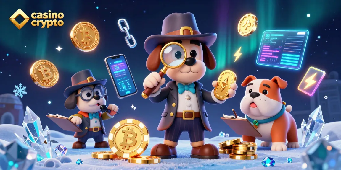Illustrez le concept de casino crypto avec un détective canin cherchant des indices financiers.