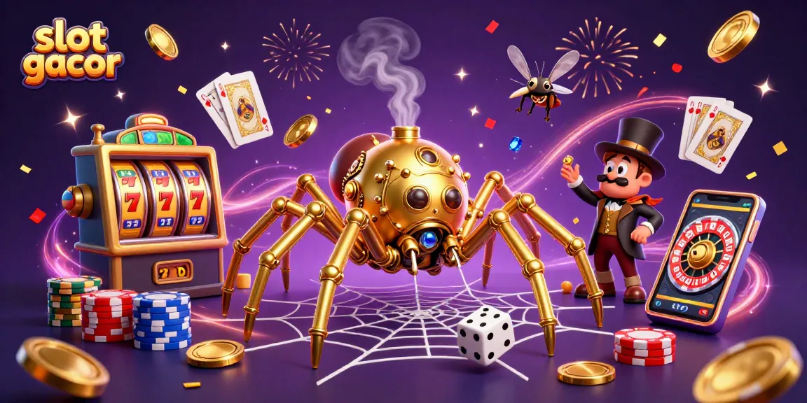 Experience thrilling slot gacor action with a steampunk spider and a dazzling casino scene.