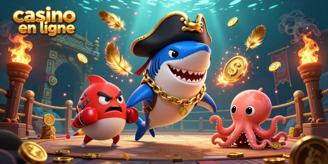 Jouer dans un casino en ligne avec le requin pirate, le poisson-globe et la pieuvre qui détiennent des pièces d'or.