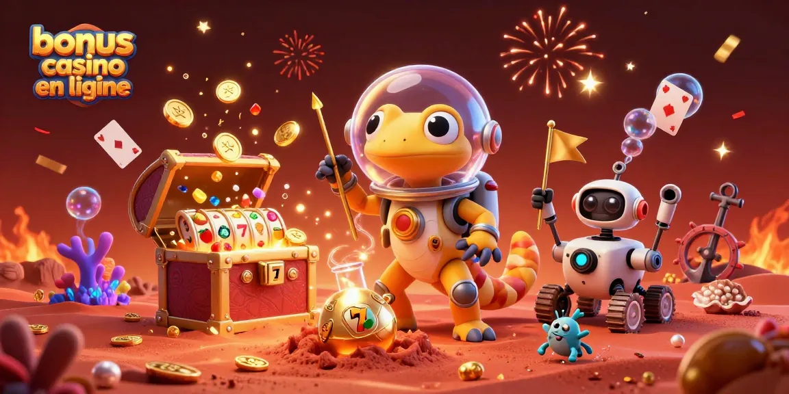 Découvrez des bonus casino en ligne avec un gecko martien, des pièces d'or et des symboles de machines à sous.