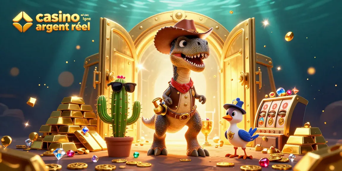 Jouez dans un environnement de casino en ligne argent réel avec des personnages animés et des trésors scintillants.