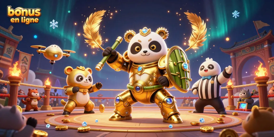 Image dynamique de bonus casino en ligne avec panda en costume de combat et éléments de jeu excitants.