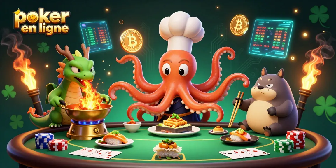Jouez au poker en ligne avec une illustration dynamique d'un poulpe chef, un dragon, et un client tanuki.