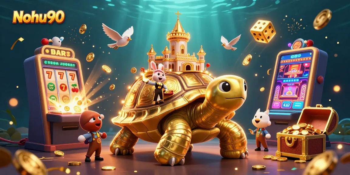 Nohu90 players enjoy thrilling jackpot wins amid a vibrant casino scene with a golden tortoise.