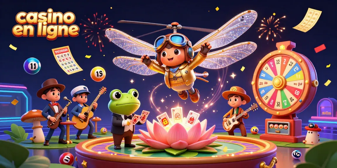 Casino en ligne : un libellule pilote et un croupier en grenouille animant une scène festive